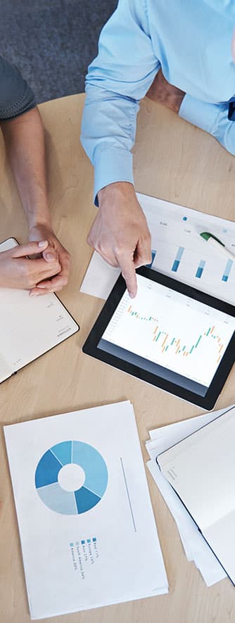 man conducts meeting with document displayed on tablet device