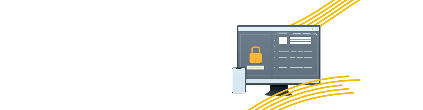 A computer monitor displaying a password entry screen with a lock icon, a mobile phone beside it, and floating bubbles in the background, representing cybersecurity and data protection in the workplace.