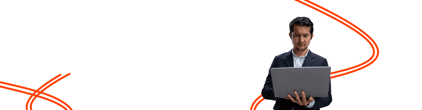 A focused man in business attire using a laptop outdoors in front of a modern office building, illustrating the webinar 'Secured work wherever, whenever with Microsoft 365' about remote work security and productivity solutions.