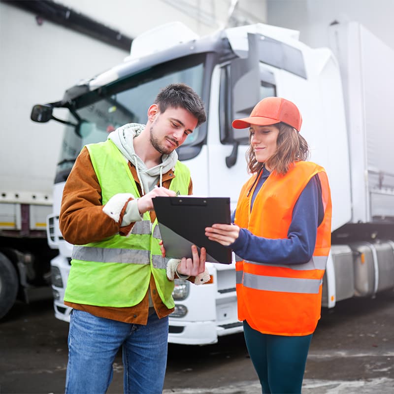 Team members using a clipboard beside a commercial truck, illustrating transportation logistics, fleet operations, and supply chain management.