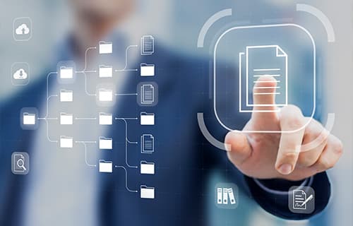 Document Management System concept, business man clicking on digital document