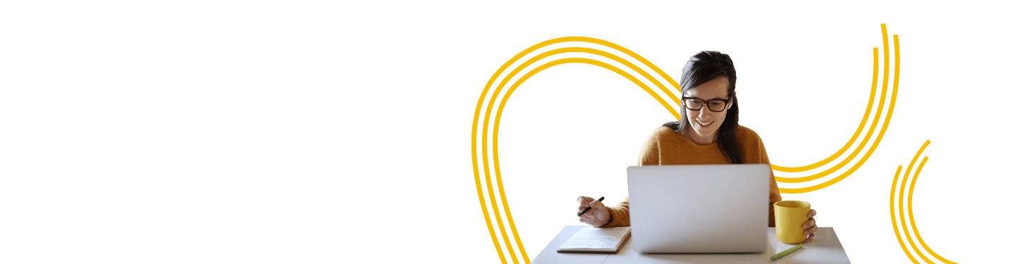 A woman with glasses smiling while working on a laptop at her desk, holding a yellow mug. The webinar theme is 'Remote work is here to stay. How prepared are you?' highlighting strategies for remote work readiness and staying productive.