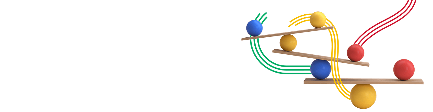 Blue, yellow and orange balls balanced on three wooden planks, denoting balancing performance, cost savings, and carbon reduction through remanufactured technology