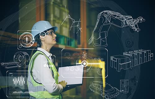 concept woman engineer and various business information on her laptop