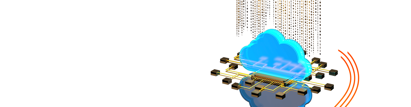 Cloud computing concept illustrated with a digital cloud connected to circuitry and data streams, representing cloud-based printing and IT infrastructure.