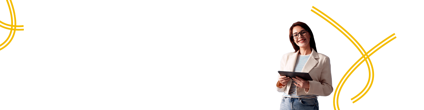 A smiling woman wearing glasses, looking at Augmented Reality as a Service.