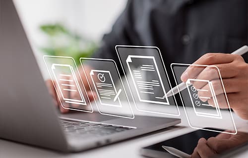 Document Management System concept, business man working on laptop