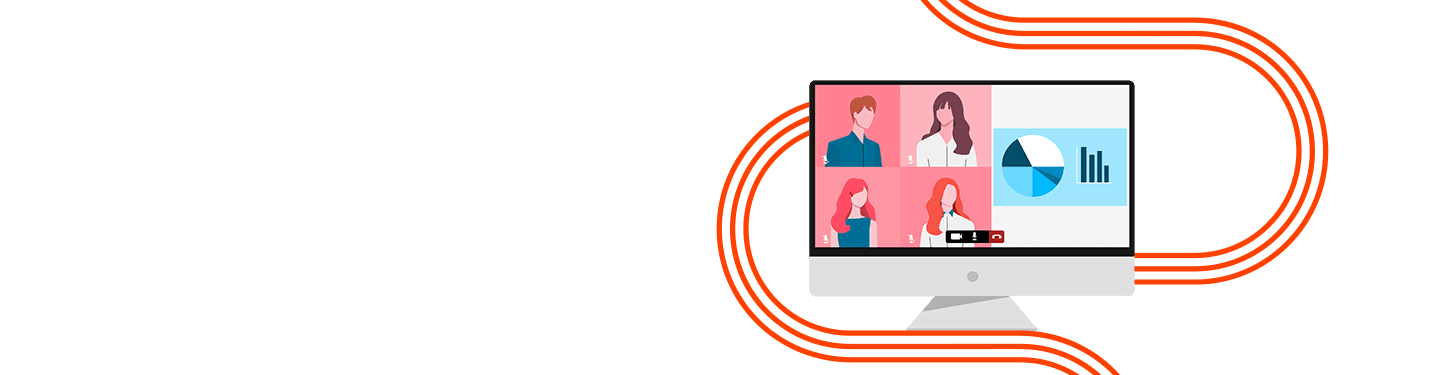 A computer screen showing a virtual meeting with four faceless participants and a shared presentation including a pie chart and bar graph, representing business continuity and remote workforce collaboration