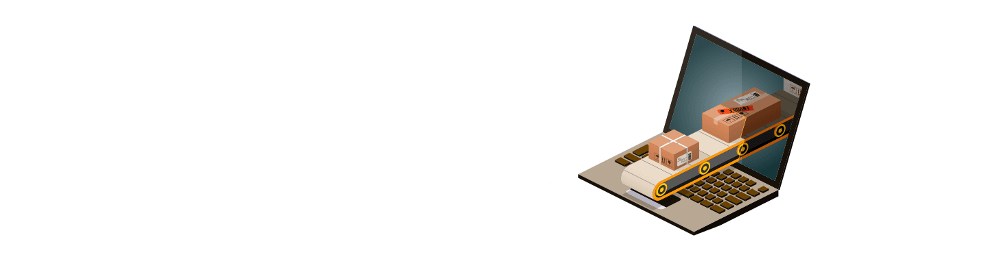 A laptop with a conveyor belt extending from the screen, carrying packages labeled 'FRAGILE' and barcoded, symbolizing automation to streamline and accelerate work processes, illustrating the webinar 'Work Better and Faster with Automation'.