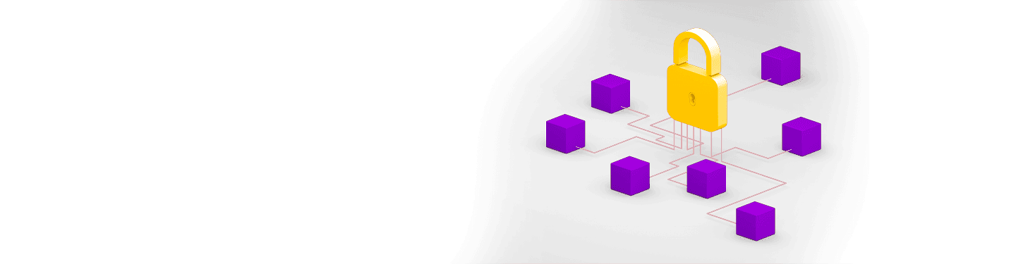 Yellow security lock connecting process to seven purple blocks